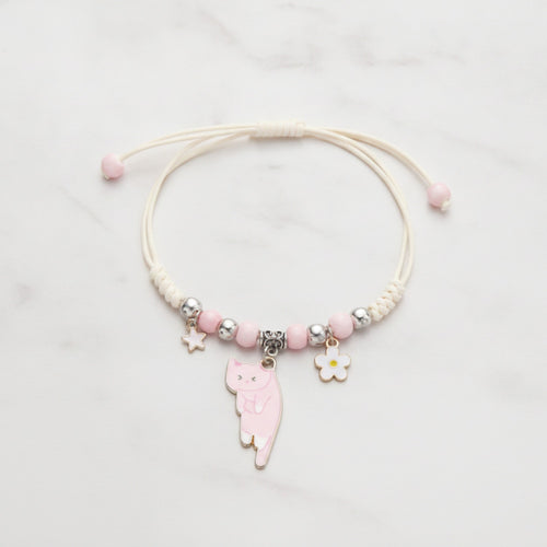 Beaded Cat Charm Bracelet with Flower - Lazy Cat Pink