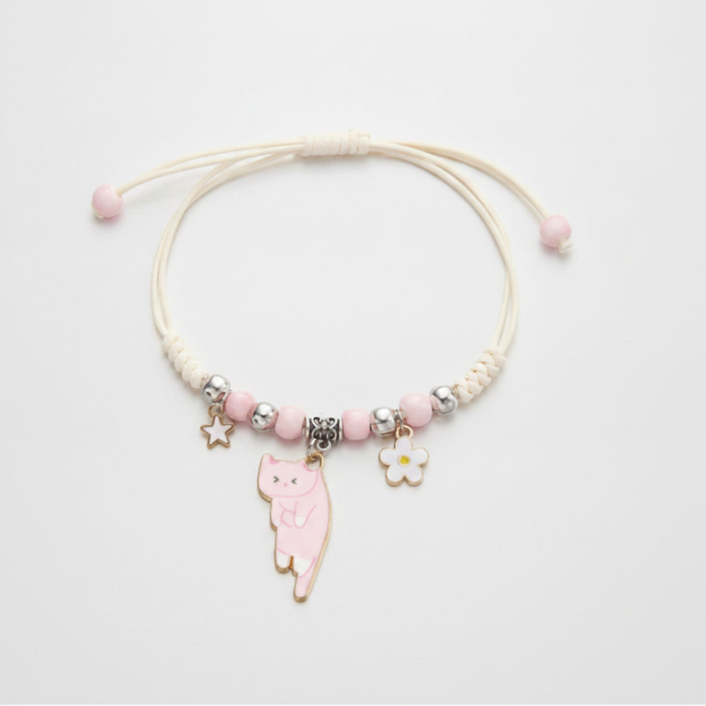 Beaded Cat Charm Bracelet with Flower - Lazy Cat Pink