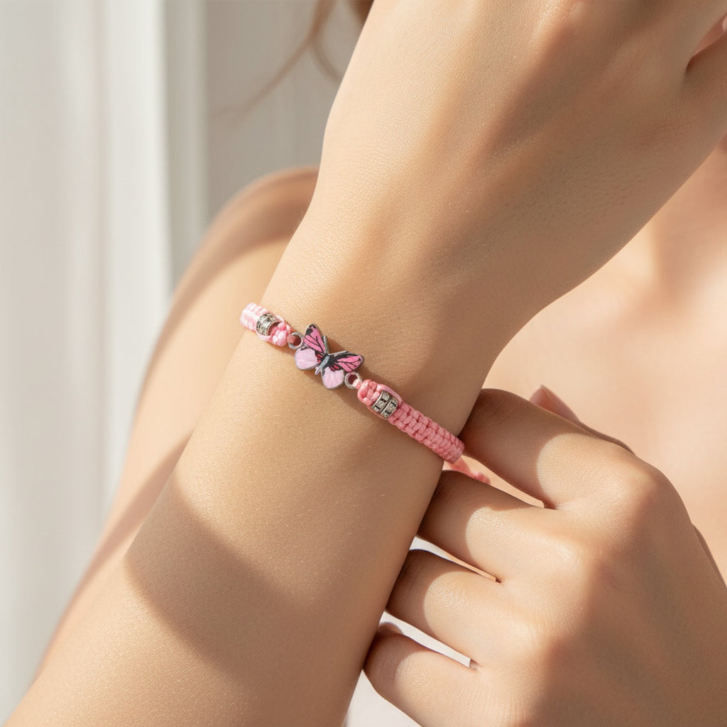 Pink Butterfly Charm Braided Friendship Bracelet
