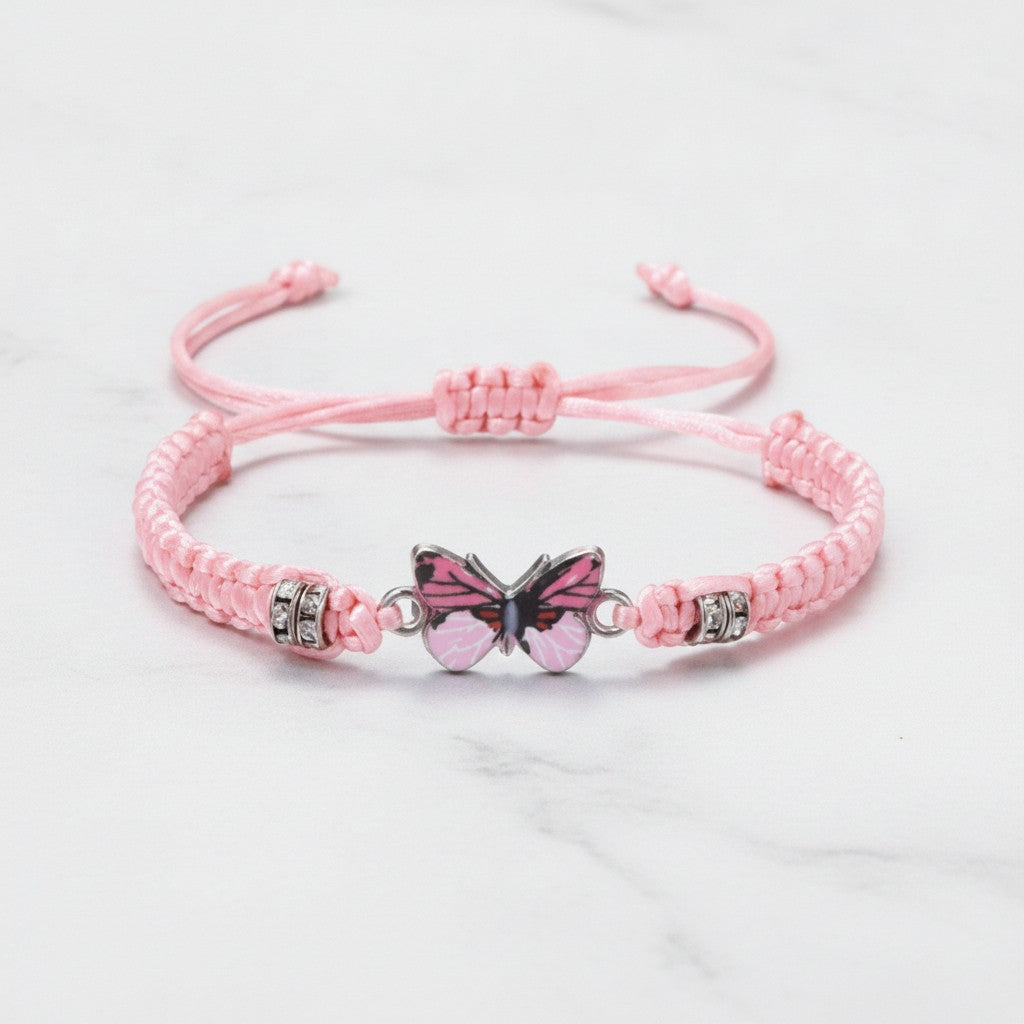 Butterfly Charm Braided Friendship Bracelet - Pink