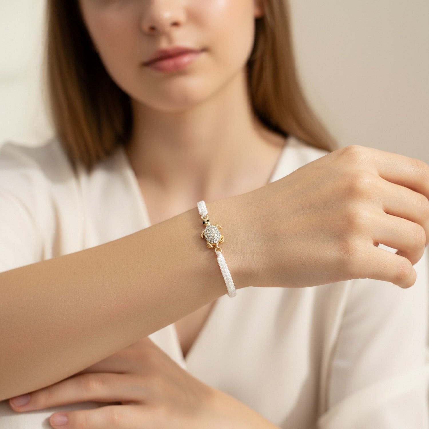 White Macramé Crab Charm Rhinestone Bracelet