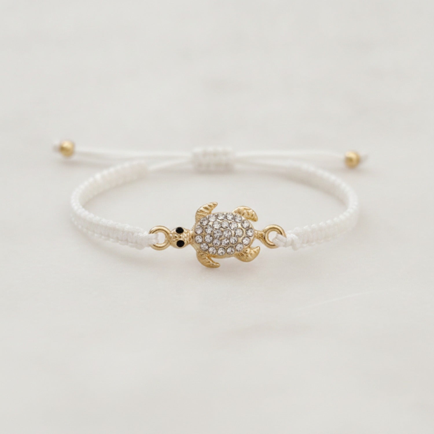 White Macramé Turtle Charm Rhinestone Bracelet