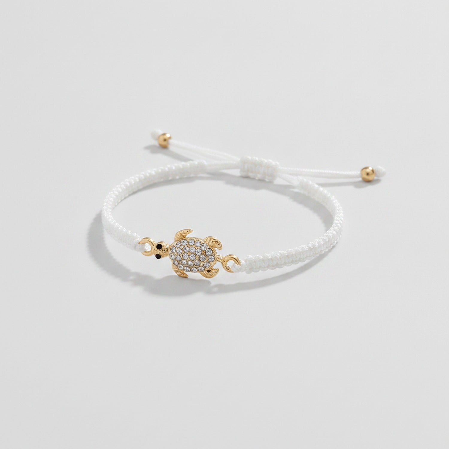 White Macramé Turtle Charm Rhinestone Bracelet