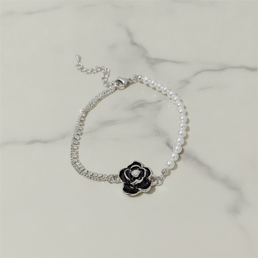 Rose Pearl Beaded Chain Bracelet - SW-S377 Black