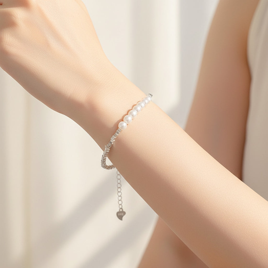Pearl Beaded Silver Chain Bracelet