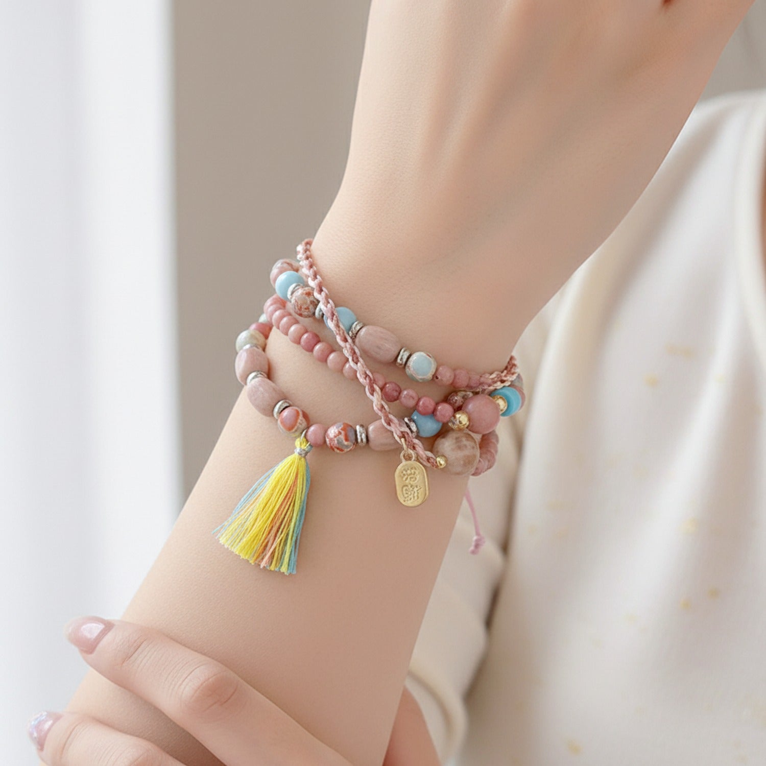 Pink Beaded Bracelet Set With Tassel Charm