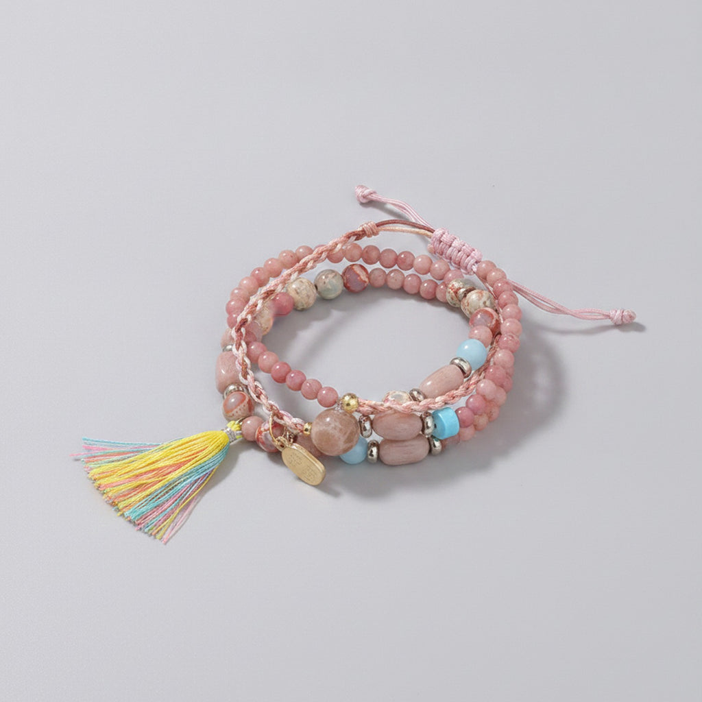 Pink Beaded Bracelet Set With Tassel Charm – jewelry (view 1)