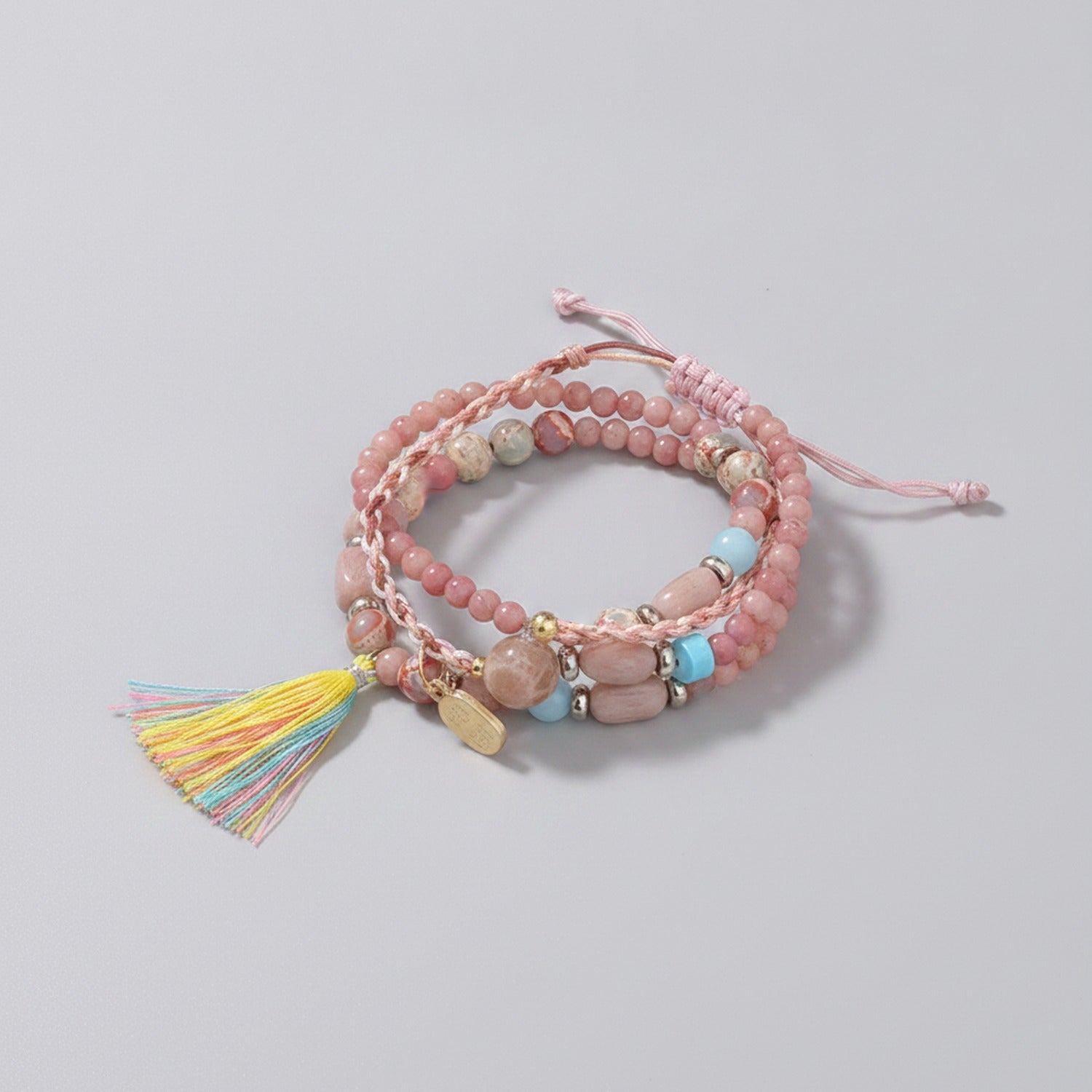 Pink Beaded Bracelet Set With Tassel Charm