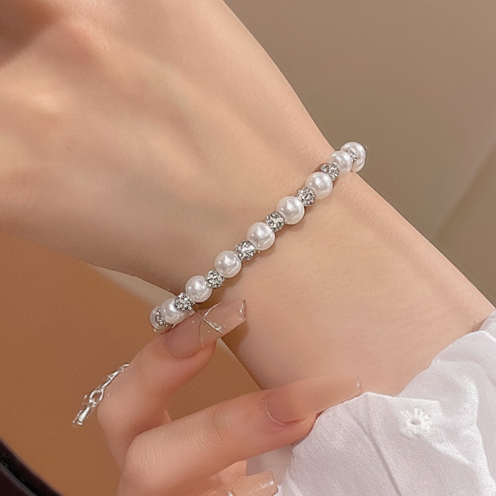Pearl Beaded Bracelet With Rhinestone Spacers