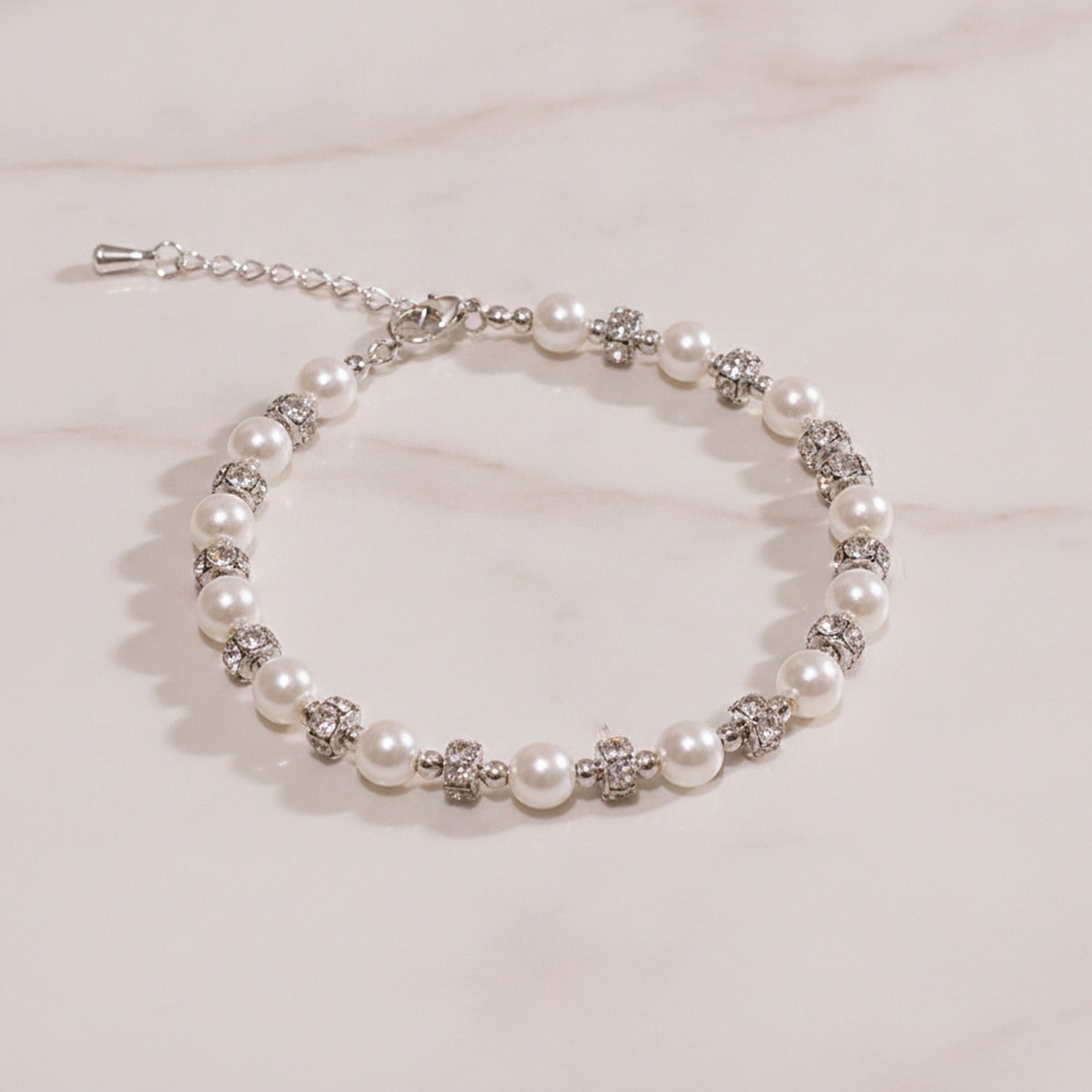 Pearl Beaded Bracelet With Rhinestone Spacers
