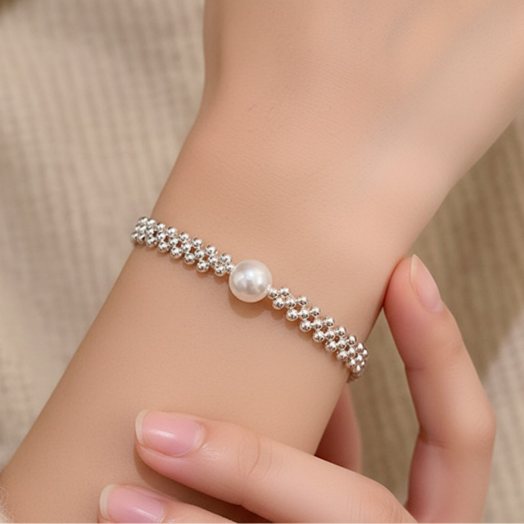 Silver Beaded Bracelet With Pearl Accent