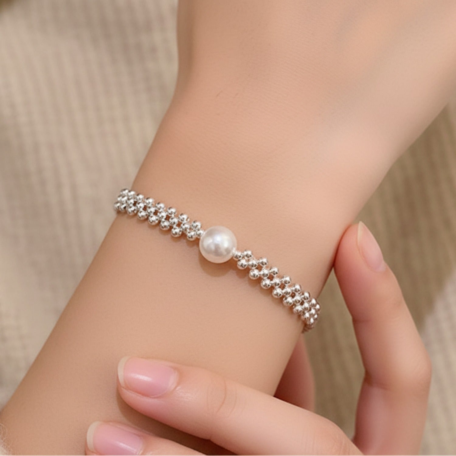 Silver Beaded Bracelet With Pearl Accent