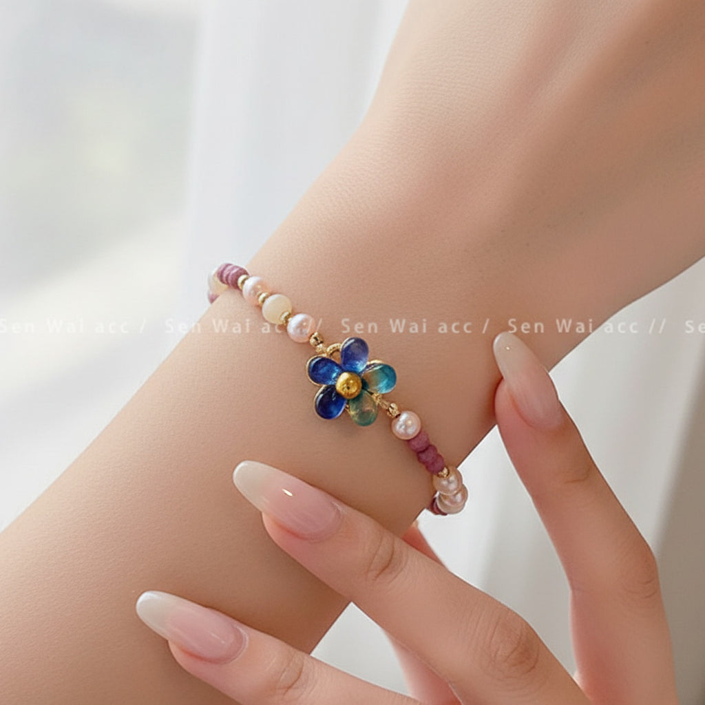 Beaded Flower Charm Bracelet With Pearls