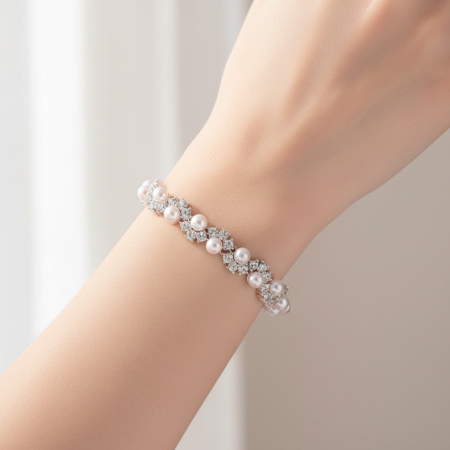 Pearl and Rhinestone Tennis Bracelet Silver