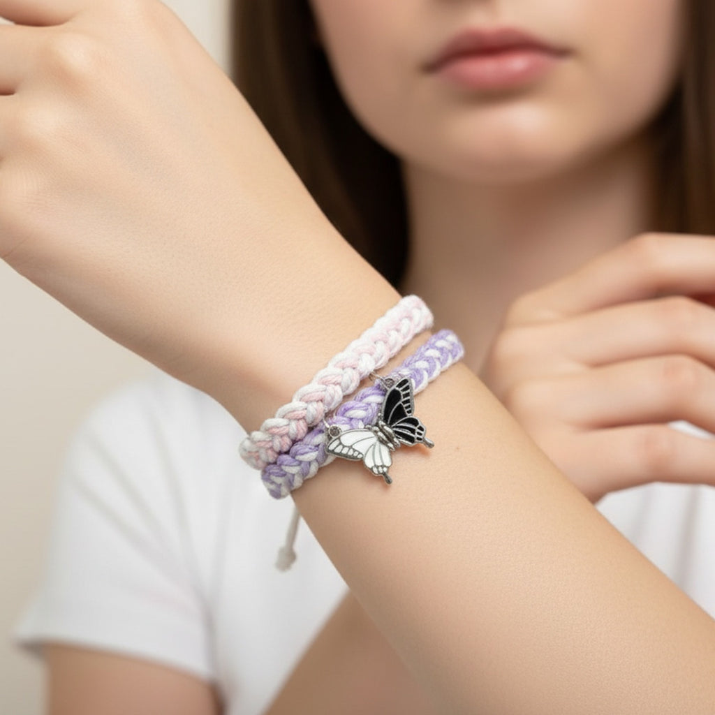 Butterfly Charm Braided Rope Bracelet Set Purple Pink