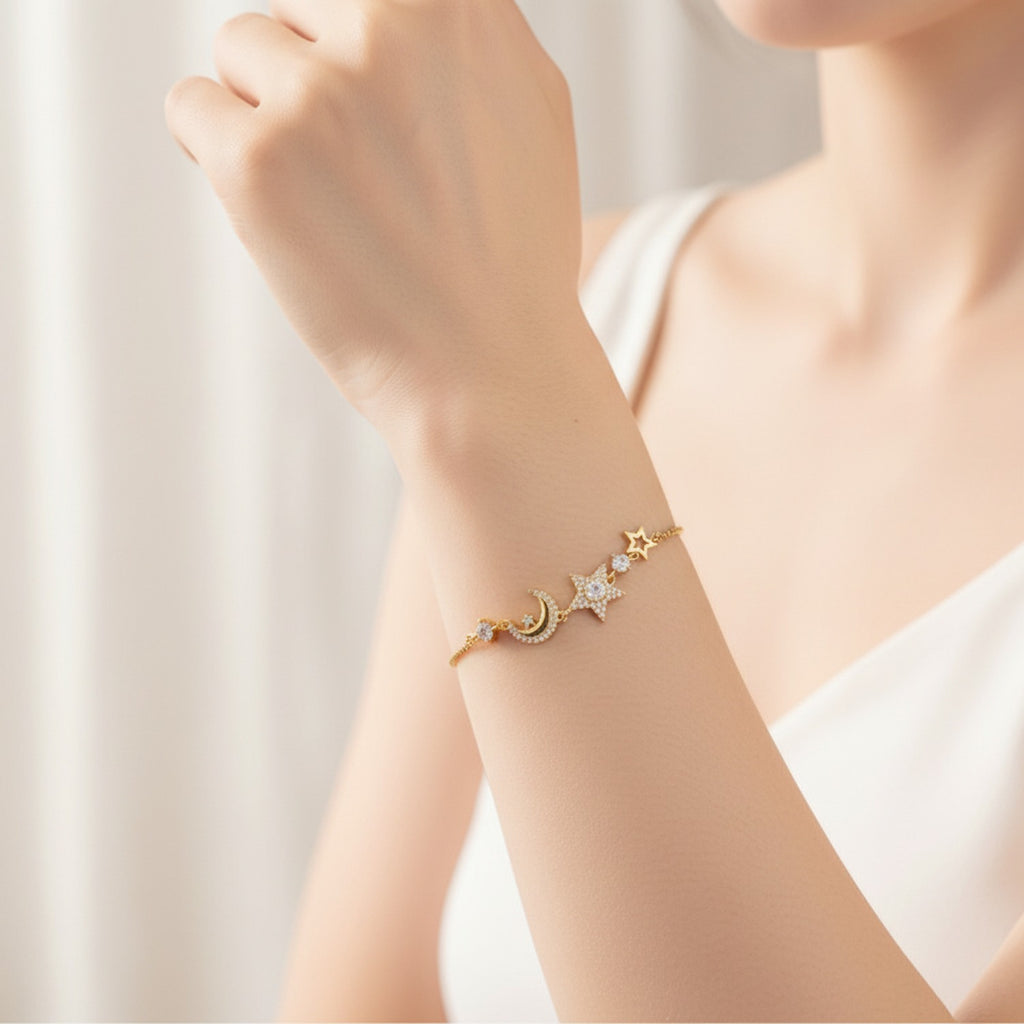 Gold Moon Star Rhinestone Adjustable Bracelet
