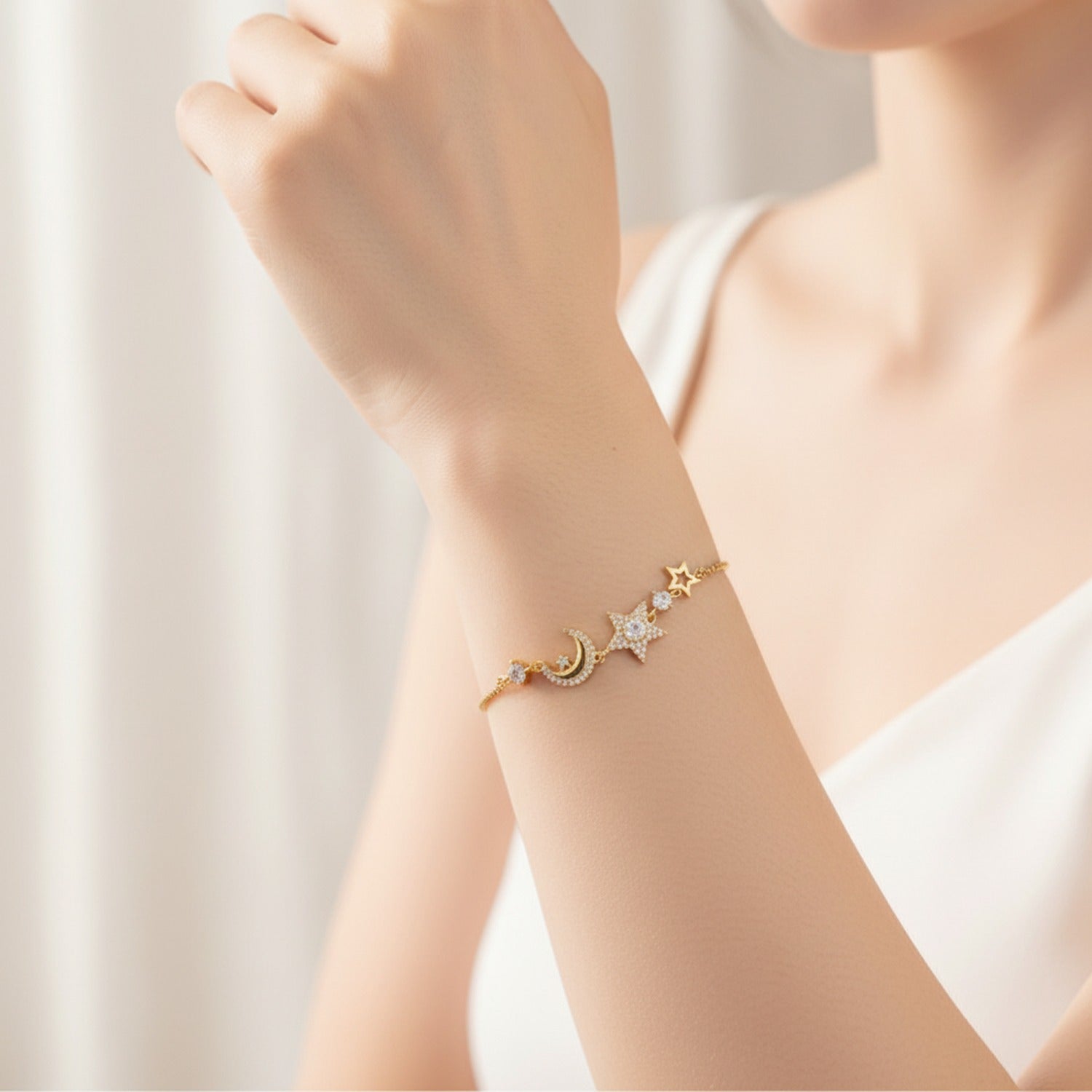 Gold Moon Star Rhinestone Adjustable Bracelet