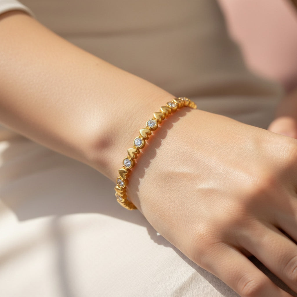 Gold Heart And Crystal Circle Bangle Bracelet
