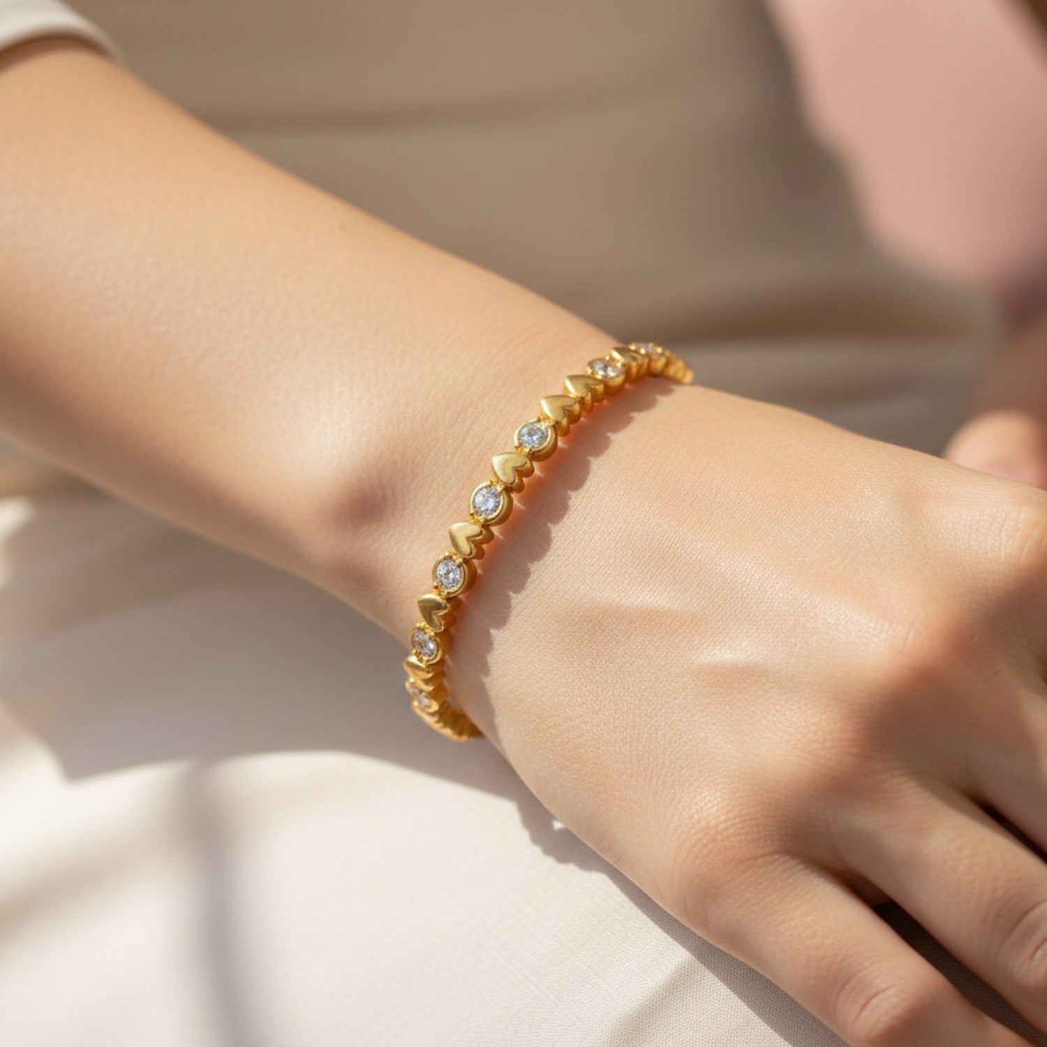 Gold Heart And Crystal Circle Bangle Bracelet
