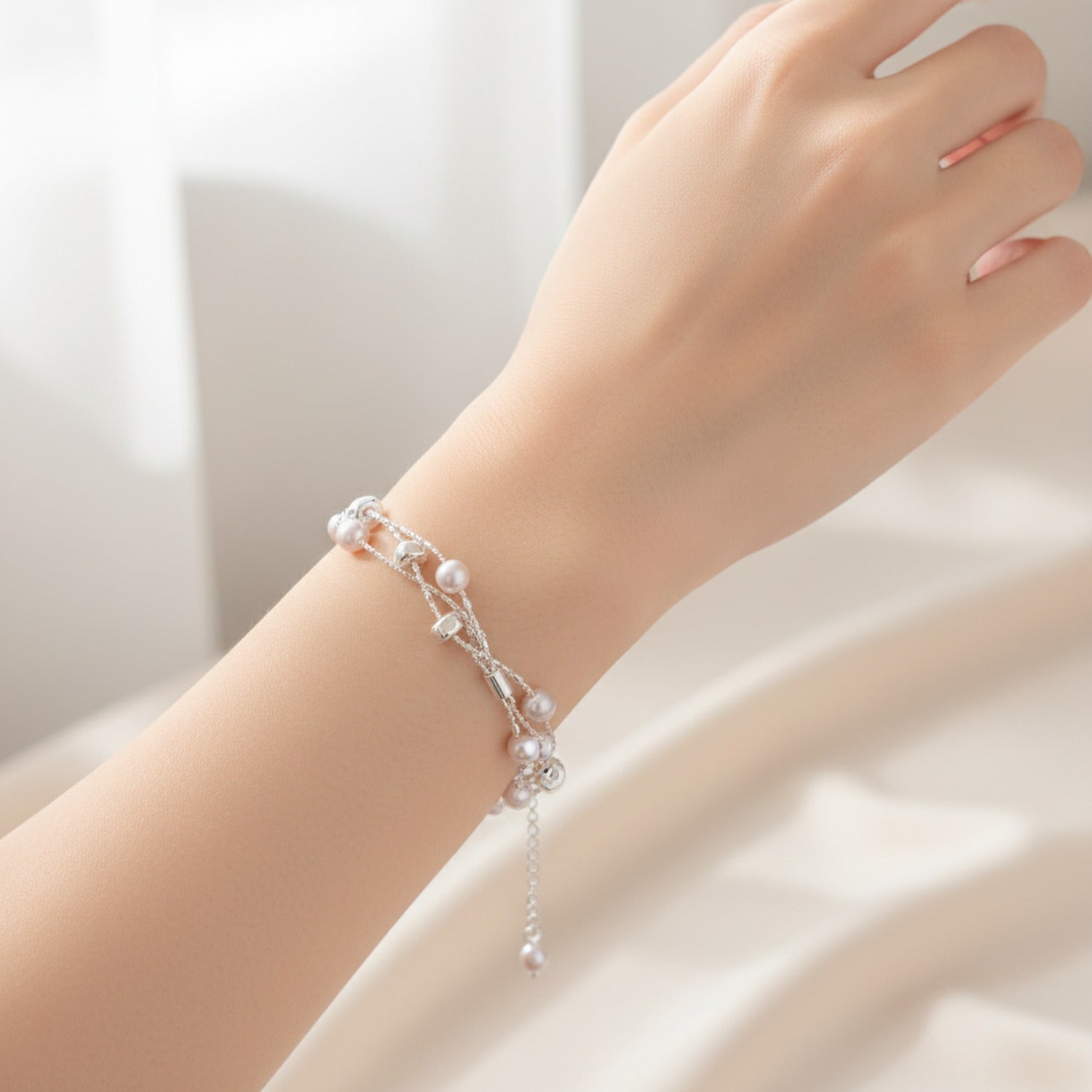 Pearl Beaded Double Strand Silver Bracelet