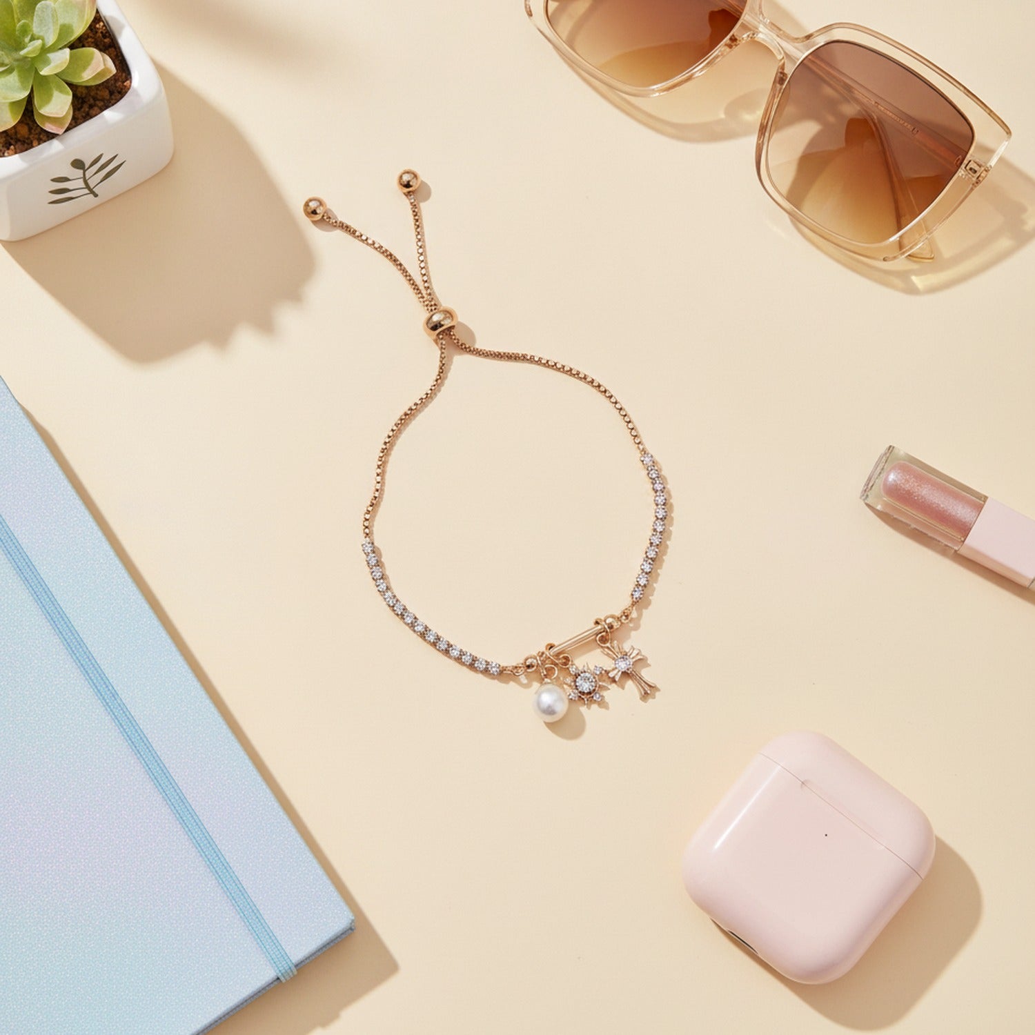 Rose Gold Pearl & Charm Adjustable Bracelet