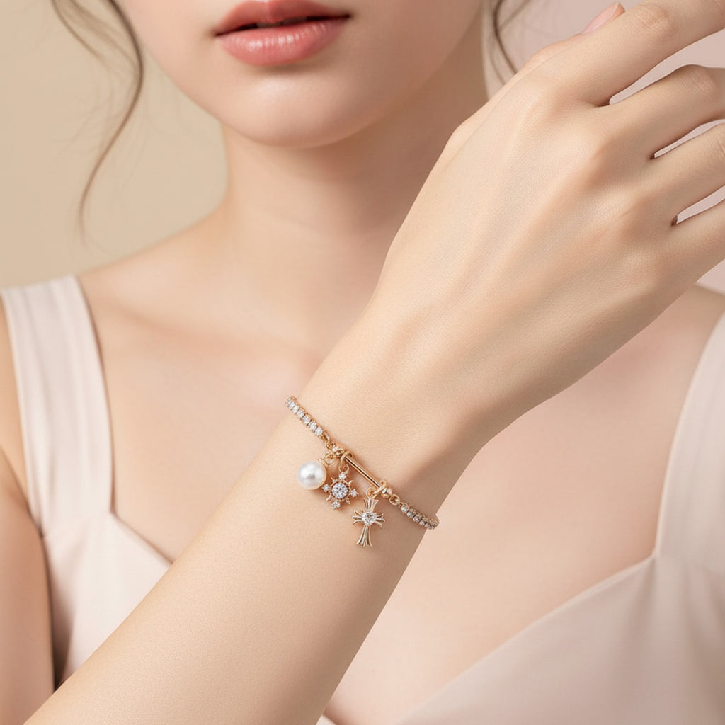 Rose Gold Pearl & Charm Adjustable Bracelet