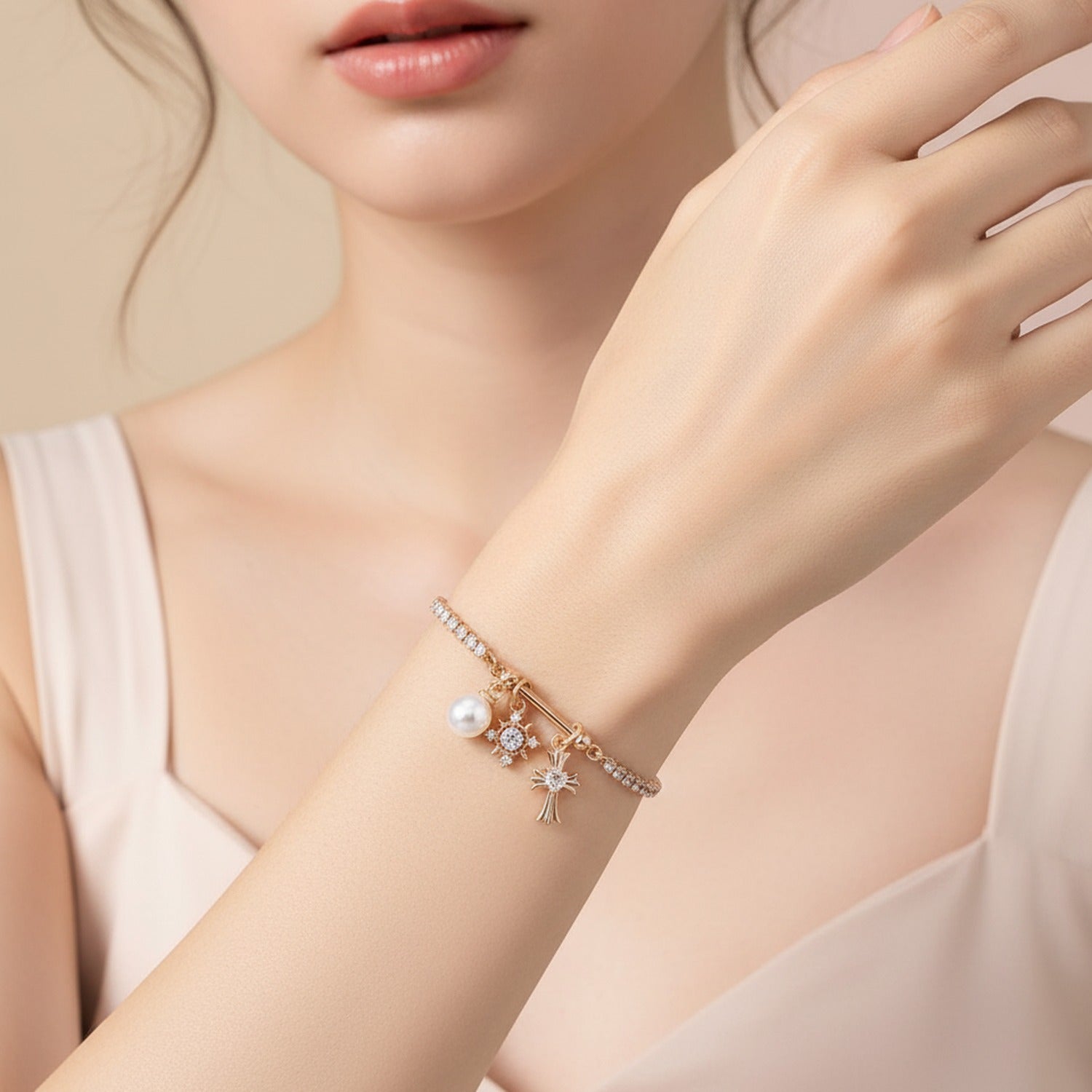 Rose Gold Pearl & Charm Adjustable Bracelet