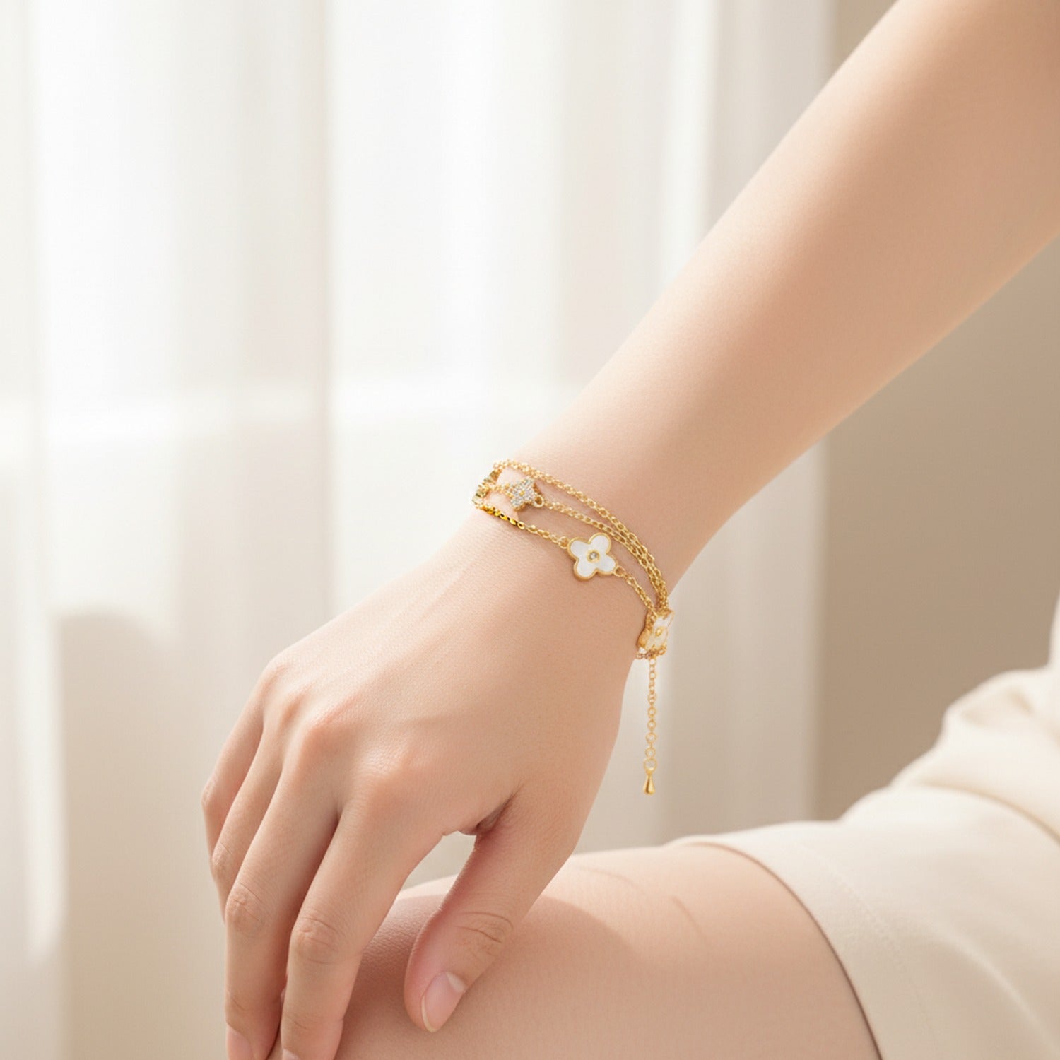 Gold Flower Charm Layered Chain Bracelet