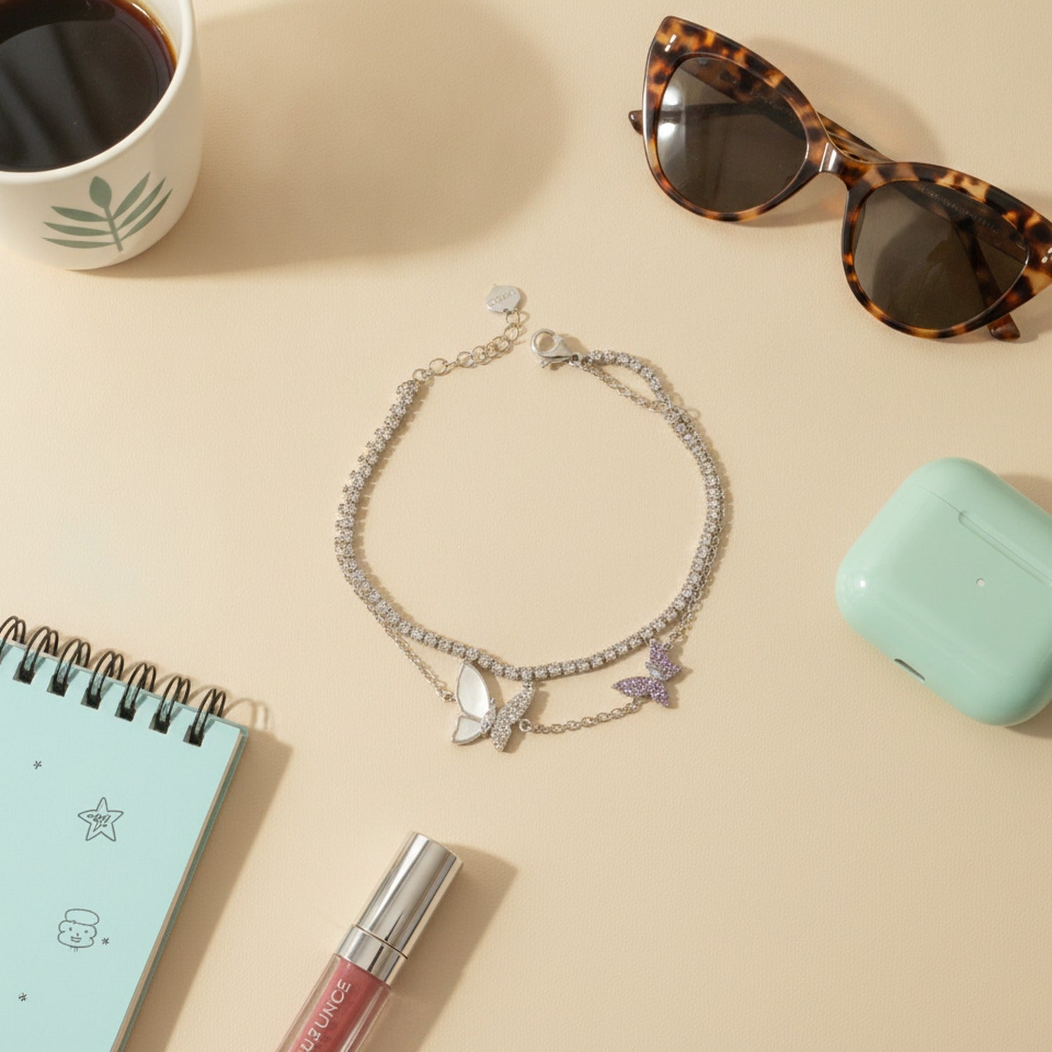 Silver Butterfly Charm Rhinestone Layered Bracelet