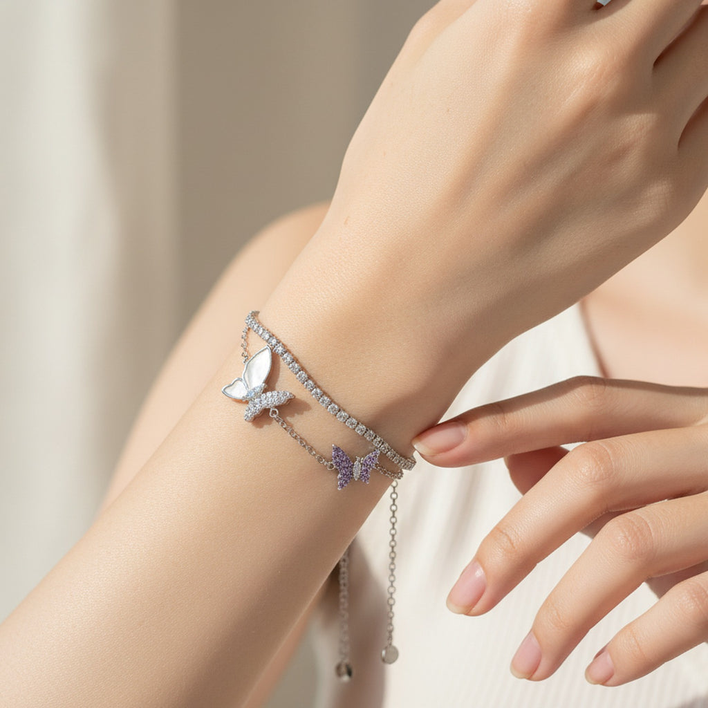 Silver Butterfly Charm Rhinestone Layered Bracelet