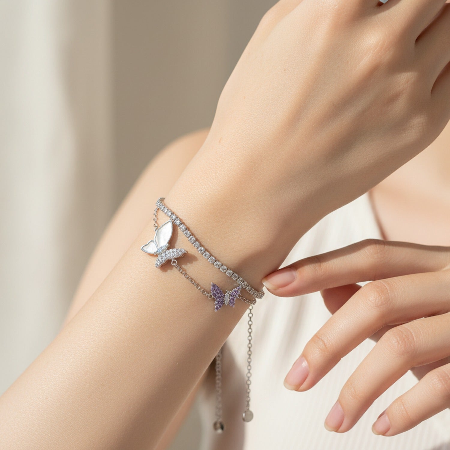 Silver Butterfly Charm Rhinestone Layered Bracelet