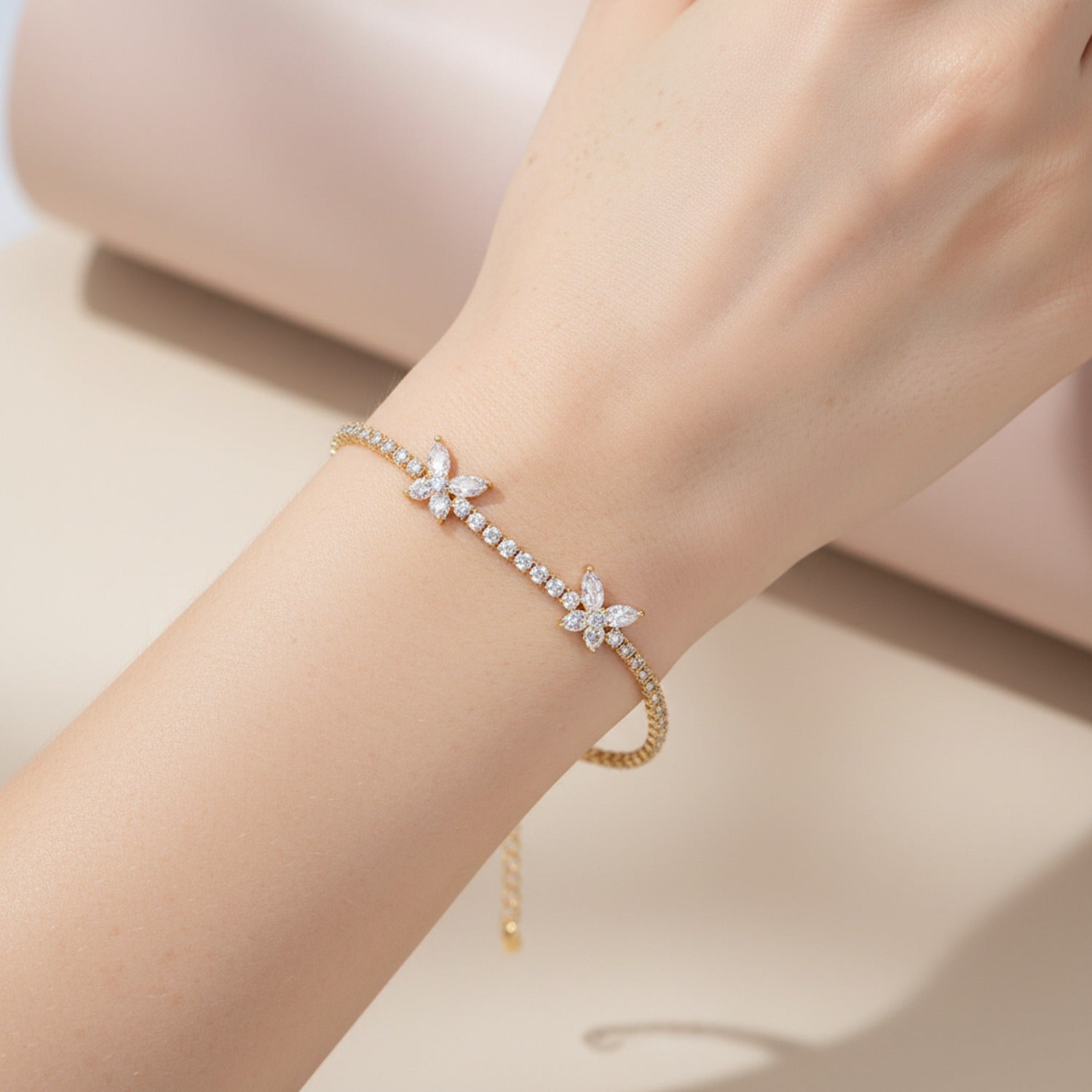 Gold Butterfly Charm Rhinestone Tennis Bracelet