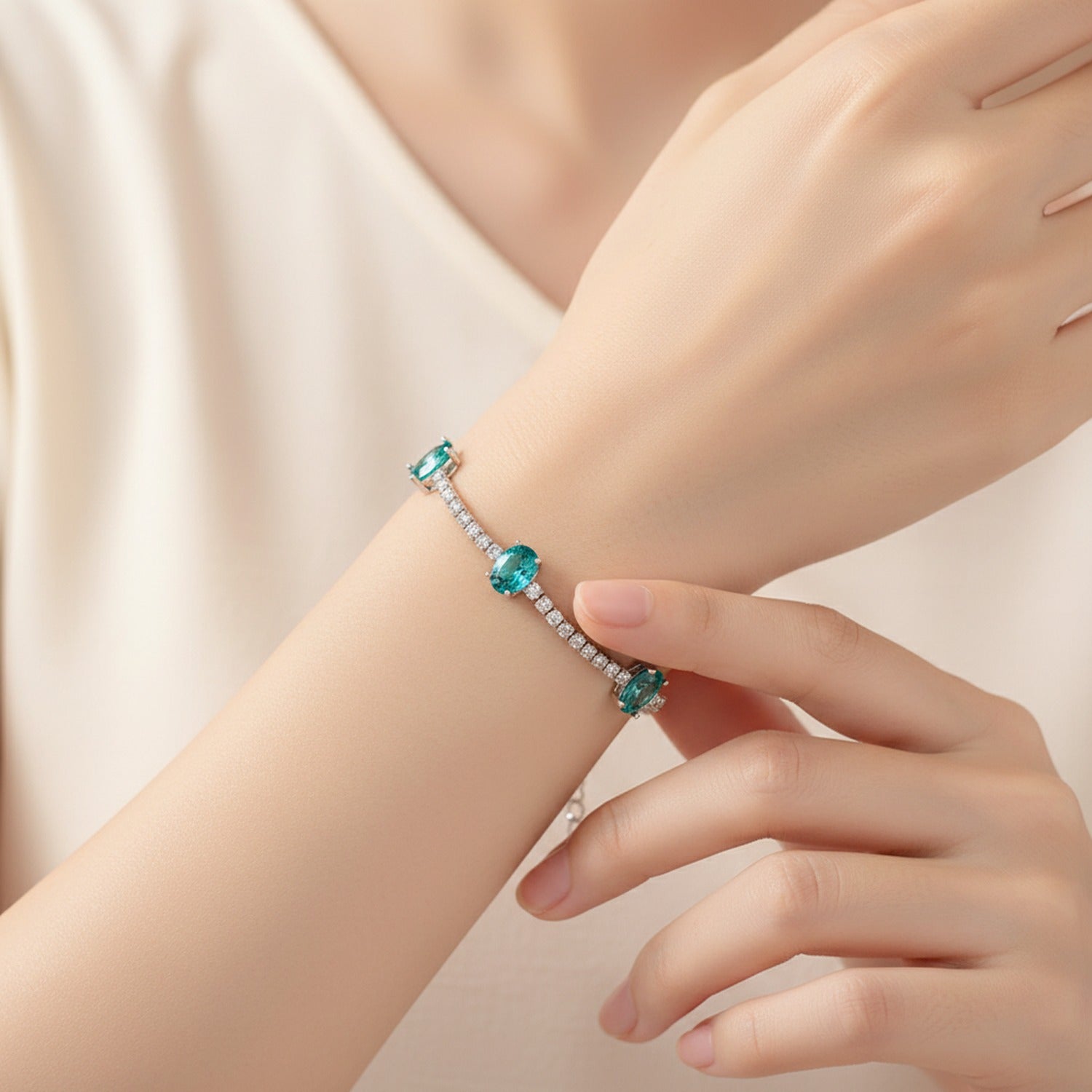 Teal Oval Rhinestone Tennis Bracelet