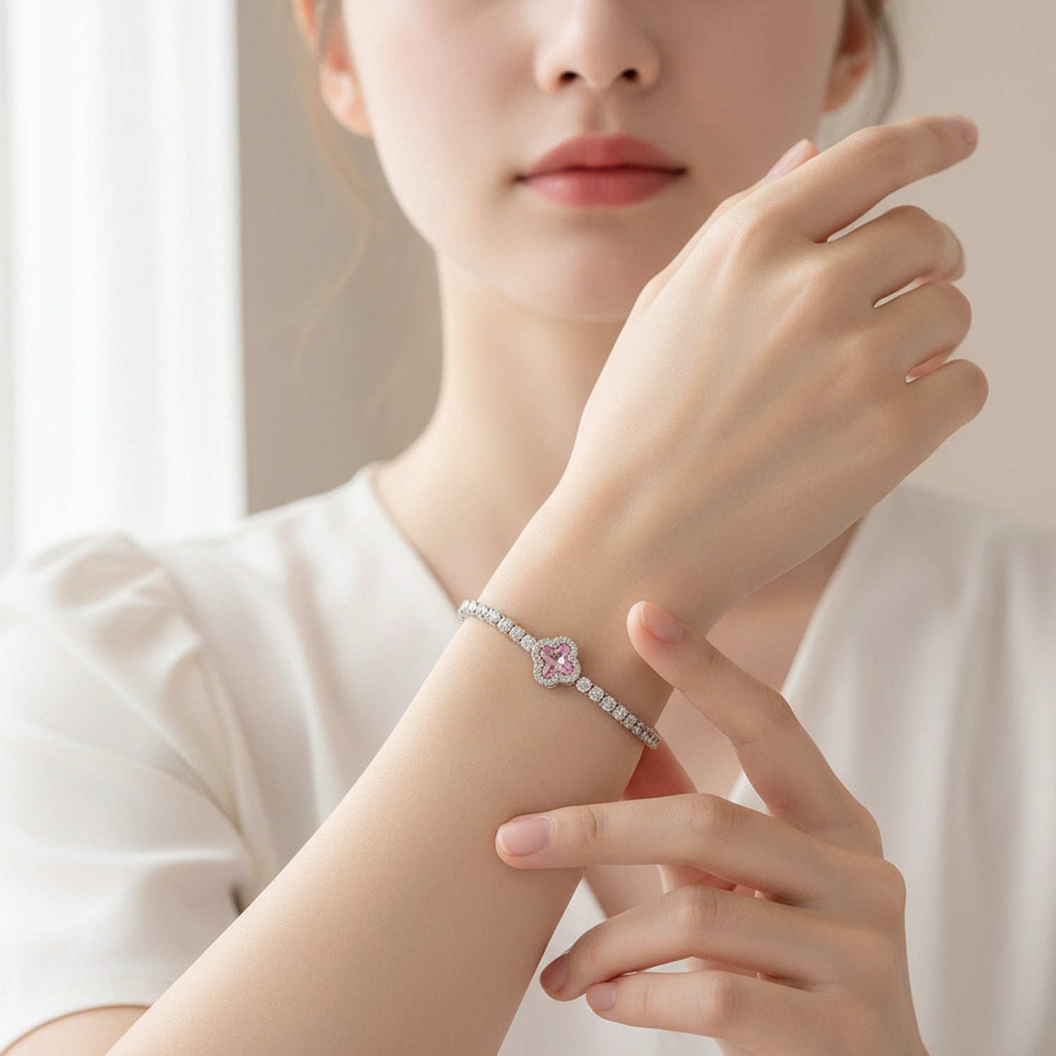 Pink Clover Rhinestone Tennis Bracelet