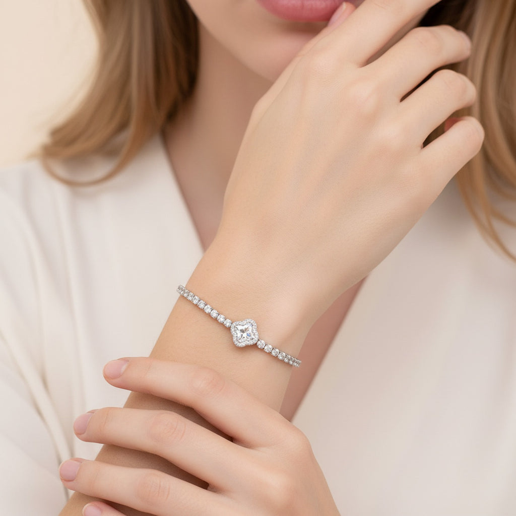 Silver Cushion Cut Diamond Rhinestone Tennis Bracelet