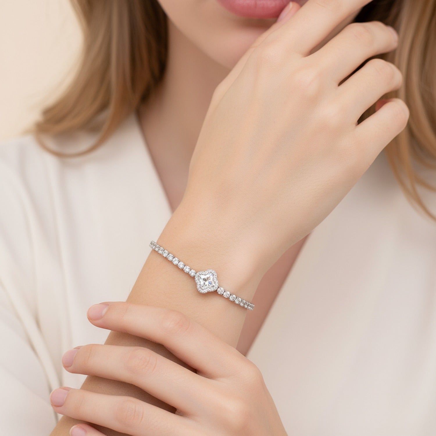 Silver Cushion Cut Diamond Rhinestone Tennis Bracelet