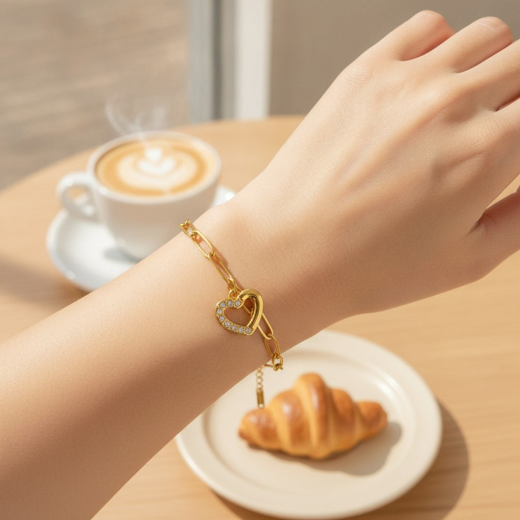 Stainless Steel Sparkling Heart Link Bracelet – jewelry (view 2)