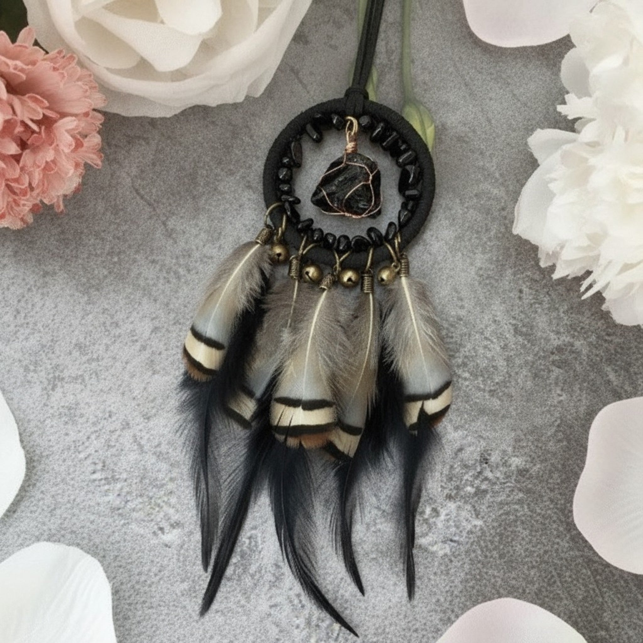 Boho Feather & Stone Dreamcatcher Necklace – jewelry (view 3)