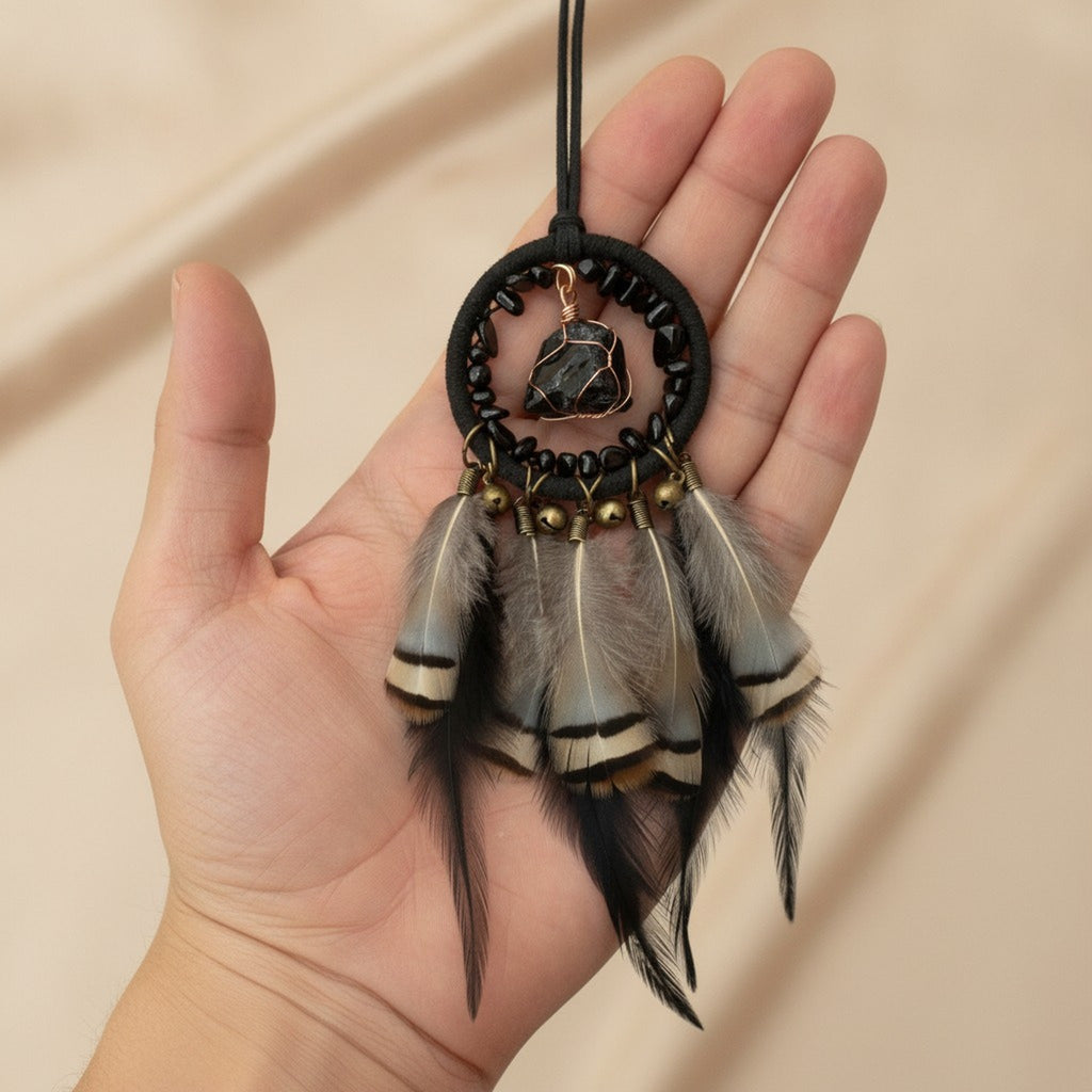 Boho Feather & Stone Dreamcatcher Necklace – jewelry (view 4)