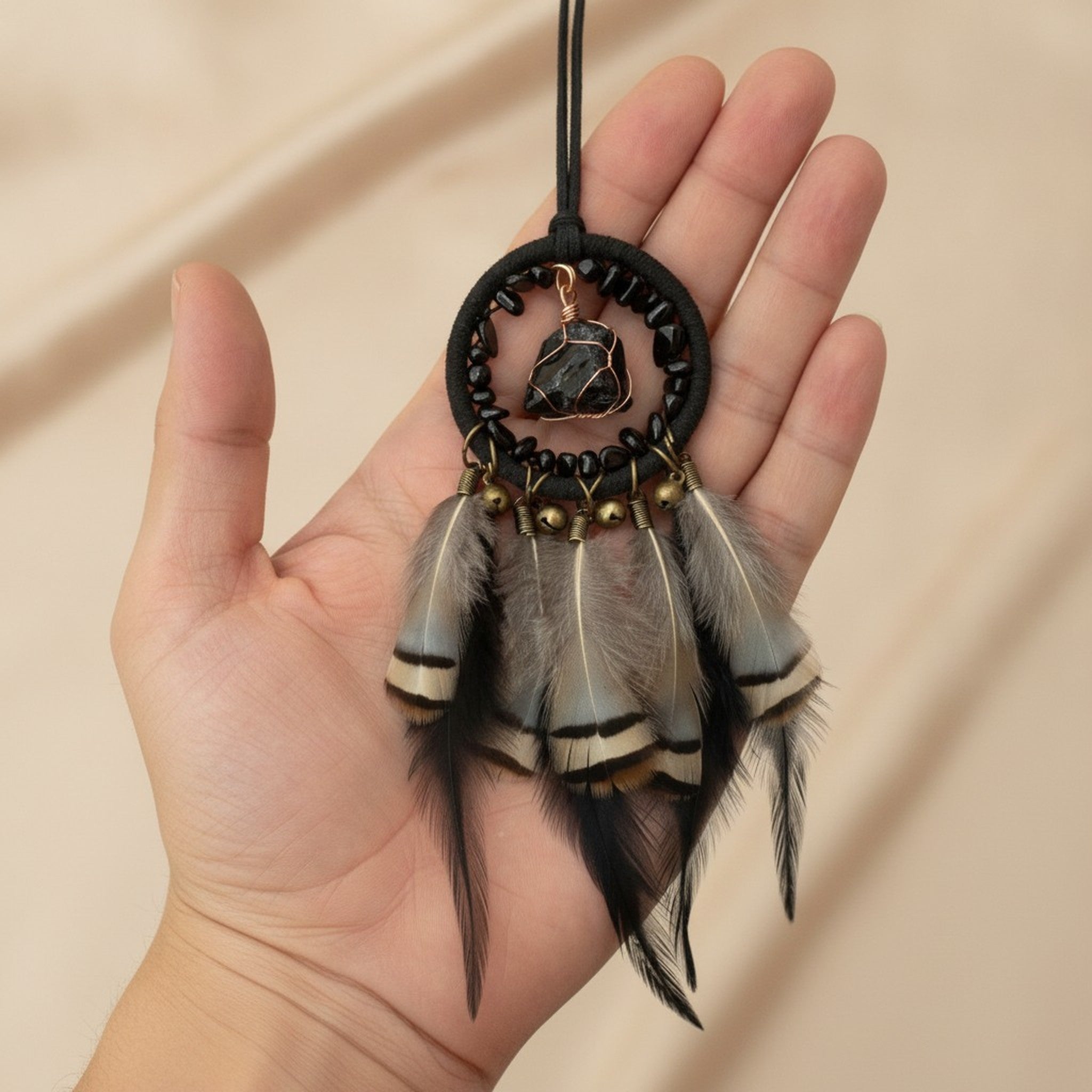 Boho Feather & Stone Dreamcatcher Necklace – jewelry (view 4)