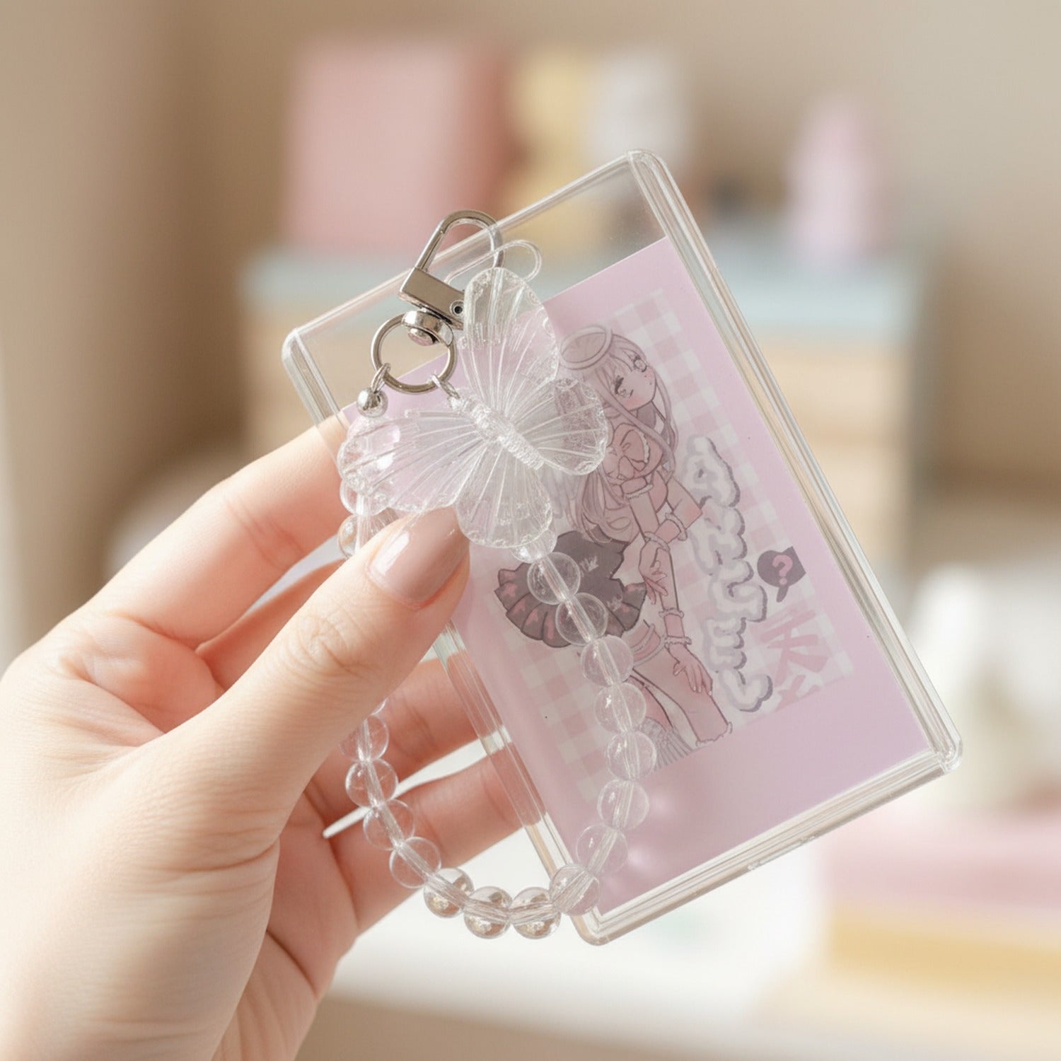 Butterfly Beaded Crystal Cup Charm Keychain Pink