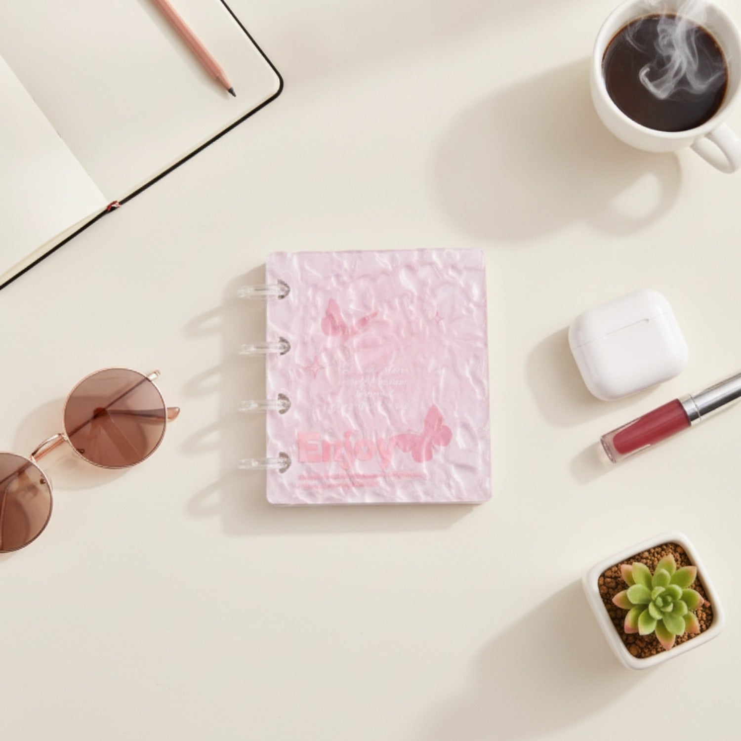 Pink Crinkle Textured Spiral Notebook With Clear Rings