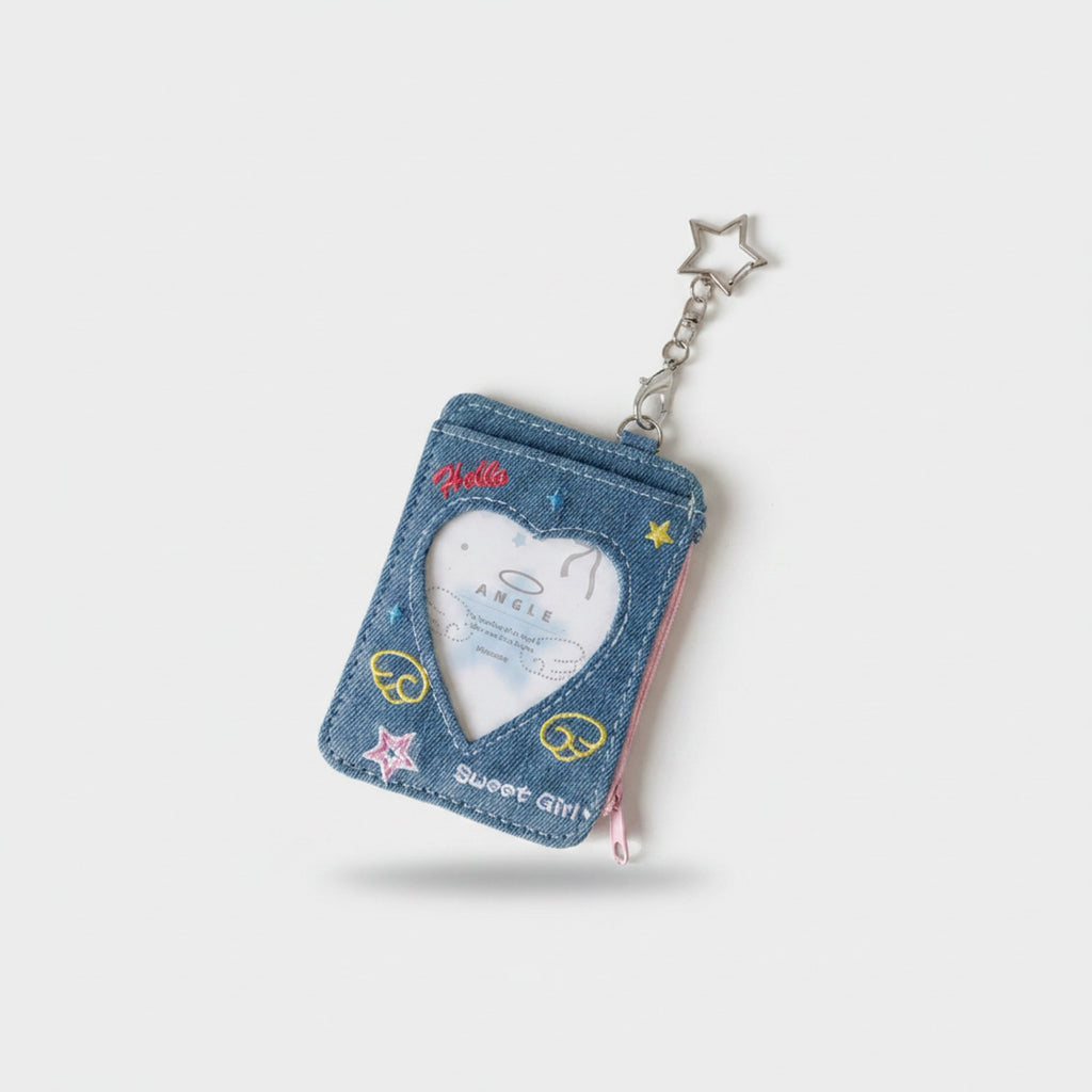 Denim Heart-Shaped Keychain Charm With Star