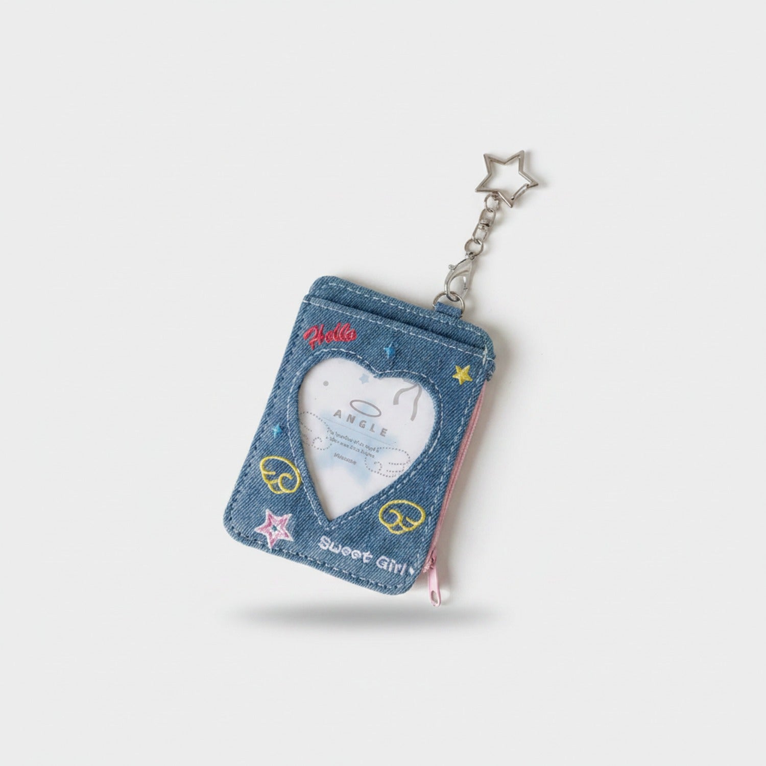 Denim Heart-Shaped Keychain Charm With Star