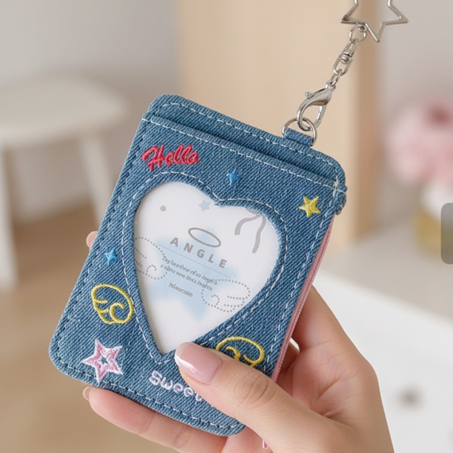 Denim Heart-Shaped Keychain Charm With Star