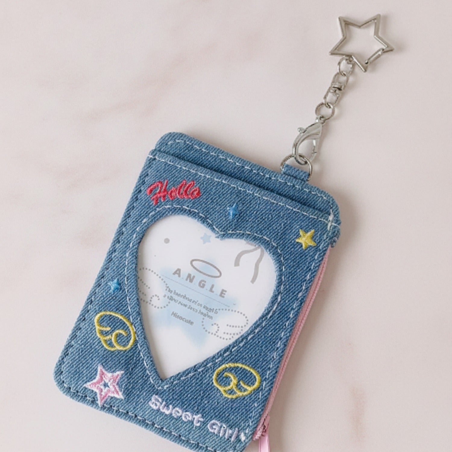 Denim Heart-Shaped Keychain Charm With Star