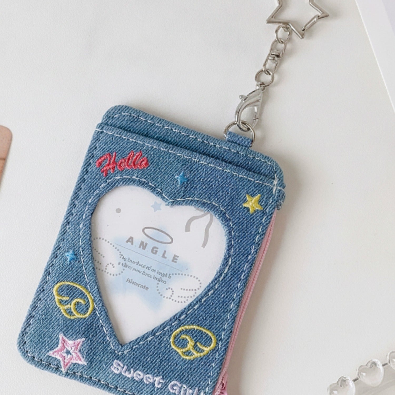 Denim Heart-Shaped Keychain Charm With Star