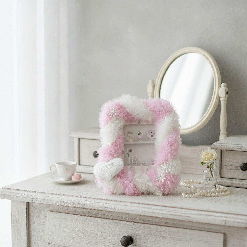 Fuzzy Pink & White Plush Photocard Holder with Pearl Snowflake Heart – bags & wallets (view 2)