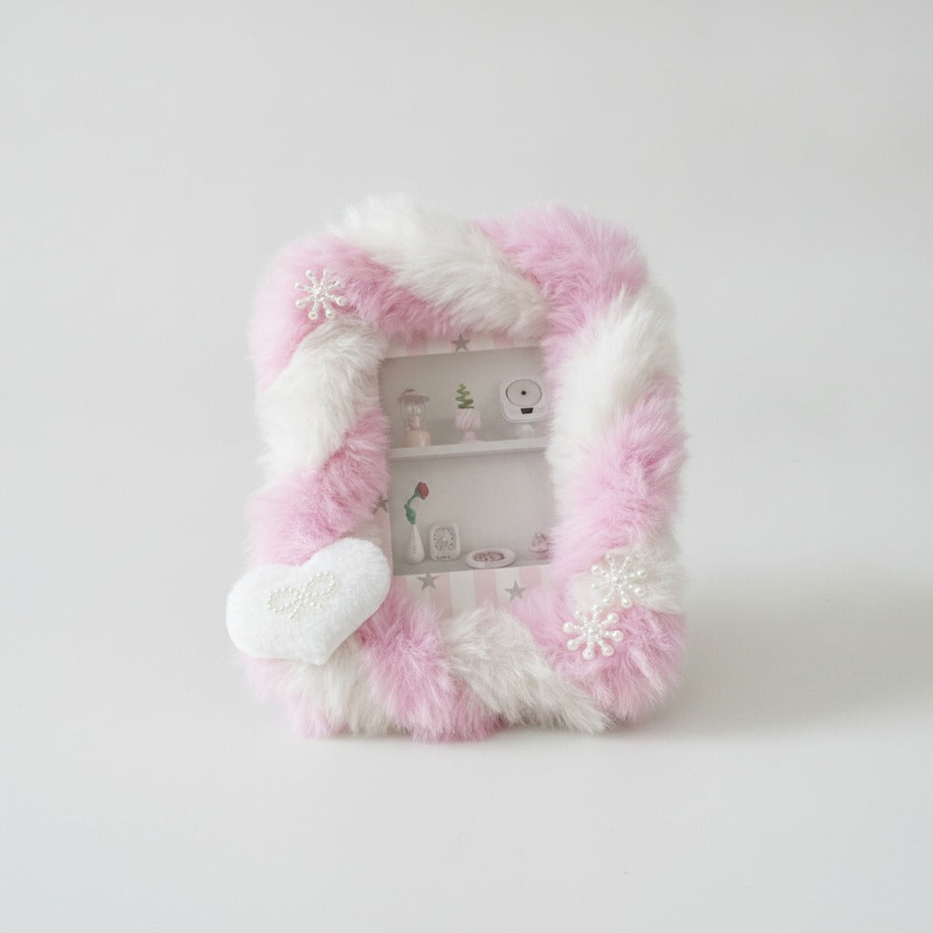 Fuzzy Pink & White Plush Photocard Holder with Pearl Snowflake Heart – bags & wallets (view 1)