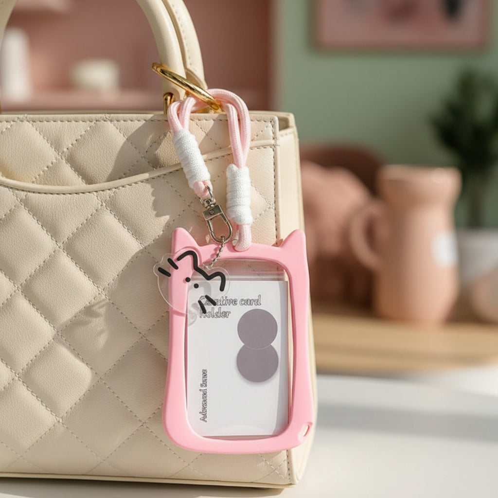 Cute Cat ID Card Holder With Pink Chain Strap